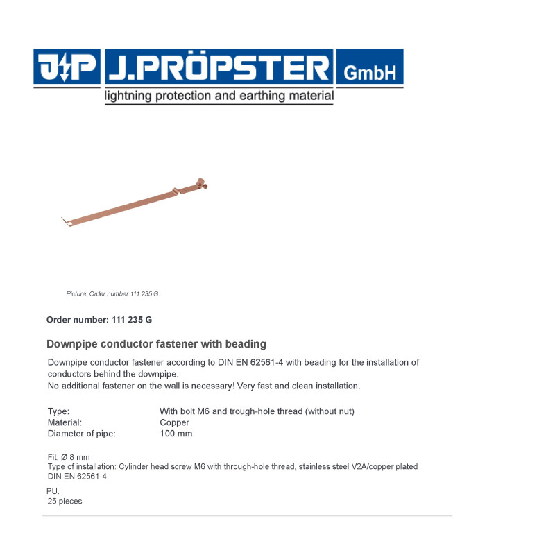 Opaska odgromowa miedziana na rurę spustową fi 100mm