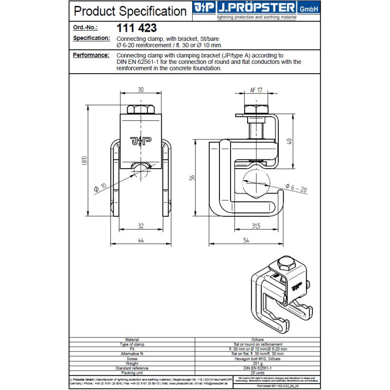 Uchwyt bednarka-drut  ø 6 - 20 mm - fl. 30 mm lub ø 10 mm zgodny z EN 62561-1