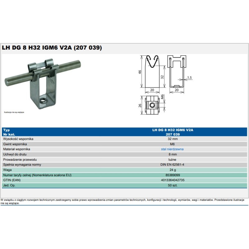 Wspornik nierdzewny DEHNgrip 20 mm [gwint M6][Ø8 mm]